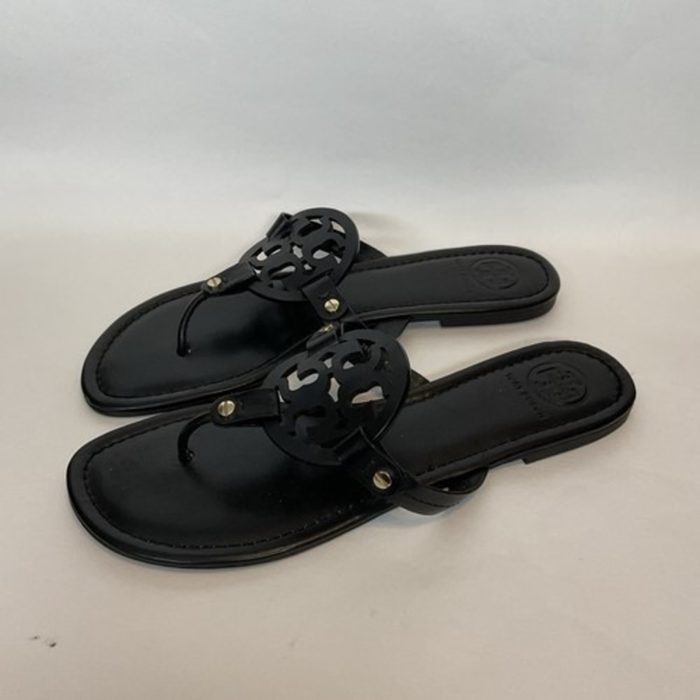 Tory Burch Miller Black Logo SlipOn Flat Thong Sandals Women 11M Brazil Leather - Picture 9 of 11